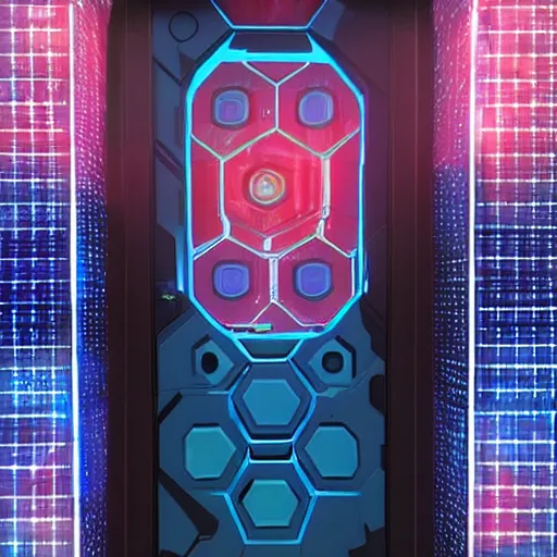 Image similar to a blue hexagonal door from the movie tron : legacy