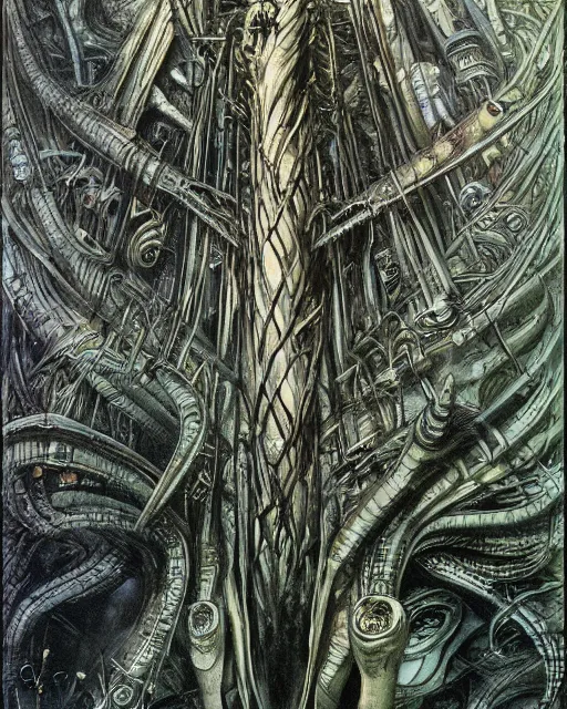 Prompt: artwork by hr giger, by roger dean, by yoshitaka amano