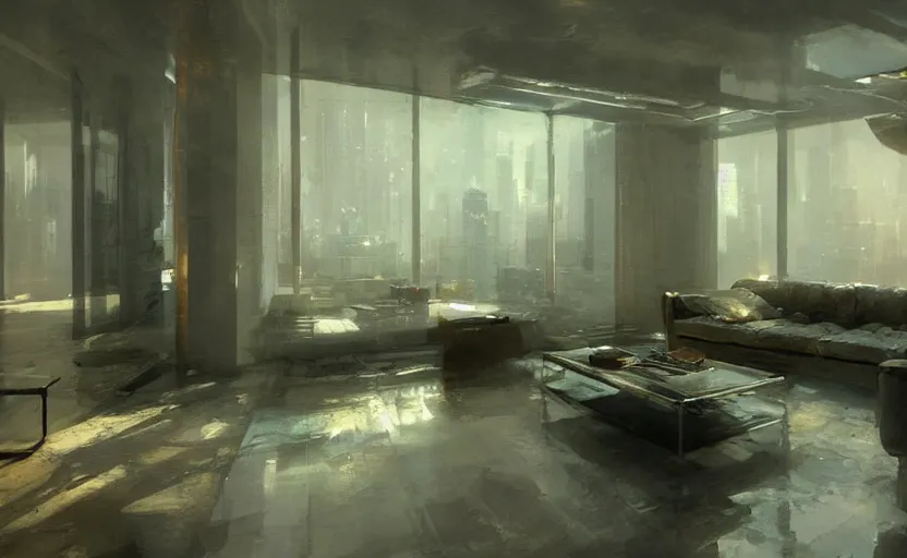 Image similar to a luxury high tech apartment interior, painting by Craig Mullins, interior design, octane rendering, warm moody lighting, wide angle lens, low view, in the style of blade runner