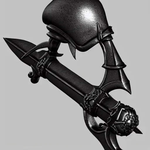 Prompt: a black sword skull handle, ornament, weapon, a 3 d render by dom qwek, studio lighting, raytracing, trending on polycount, futurism, hard surface modeling, rendered in maya, 3 ss max, blender, artstation hd
