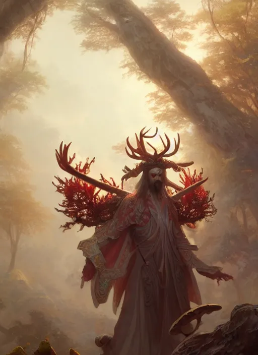 Image similar to Gigantic Deity with antlers and translucent mushrooms, extremly detailed digital painting, in the style of Fenghua Zhong and Ruan Jia and Jeremy Lipking and Peter Mohrbacher, rim light, beautiful lighting, mystical colors, 8k, stunning scene, raytracing, octane, trending on artstation