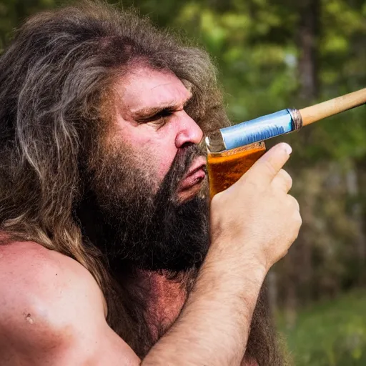 Prompt: photo of ancient caveman shotgunning a single beer can, full body, high detail, ultra realistic, 4k UHD, pristine