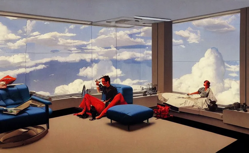 Image similar to a futuristic minimalist lounge room with a big window opening up to a wide open meadow with billowing clouds in the sky. highly detailed science fiction painting by norman rockwell, frank frazetta, and syd mead. rich colors, high contrast, gloomy atmosphere. trending on artstation.