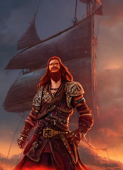 Prompt: An epic fantasy comic book style portrait painting of a long haired, red headed male sky-pirate in front of an skyship in the style of the wheel of time, unreal 5, DAZ, hyperrealistic, octane render, cosplay, RPG portrait, dynamic lighting