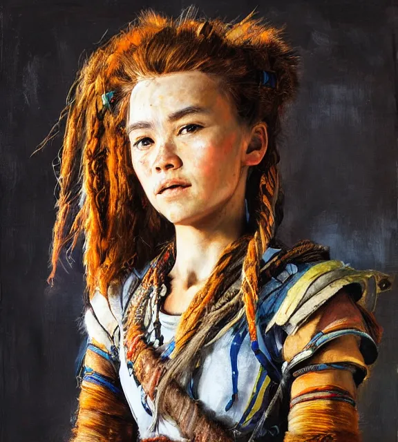 Prompt: oil portrait of aloy from horizon zero dawn, by rembrandt