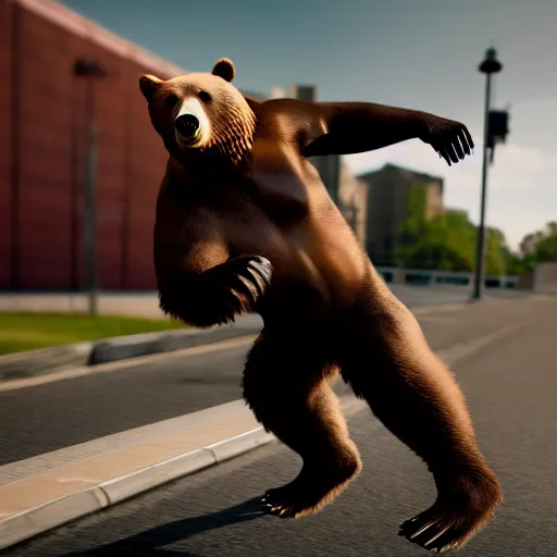 Image similar to a bear rips off tony hawk's legs, photograph, hyper realistic, outdoors, midafternoon, 4 k, artstation, unreal engine, cinematic