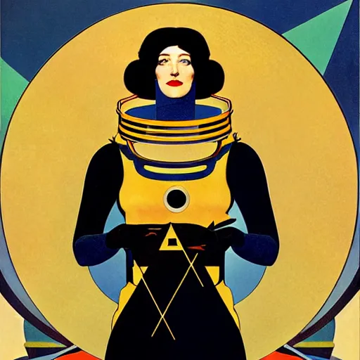 Image similar to Art by Coles Phillips, Portrait of the actress, Eva Green as Space Commander Alpha from the Year 4000, geometric art, poster, no text, Mucha, Kandinsky, carbon blac and antique gold