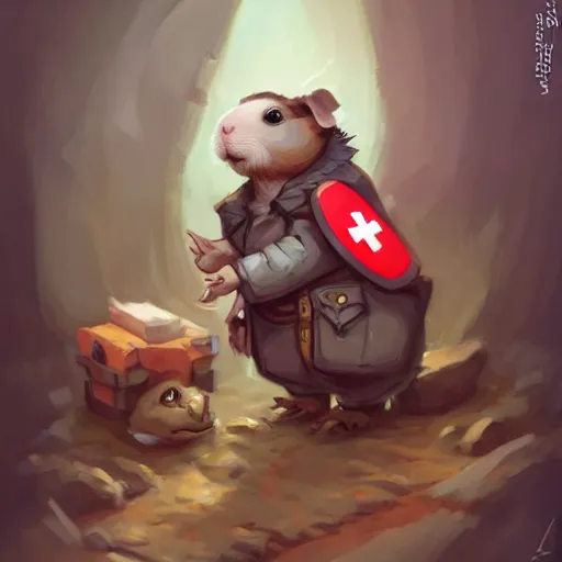 Image similar to cute little anthropomorphic Guinea Pig Field Medic, tiny, small, short, Modern Field medic with red cross, cute and adorable, pretty, beautiful, DnD character art portrait, matte fantasy painting, DeviantArt Artstation, by Jason Felix by Steve Argyle by Tyler Jacobson by Peter Mohrbacher, cinema