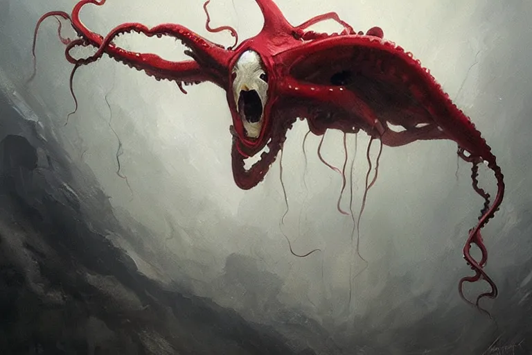 Image similar to painting by greg rutkowski of a flying chalk white head and face, with tentacles coming of the neck, red eyes, flying in a terrying hell like cavernous place