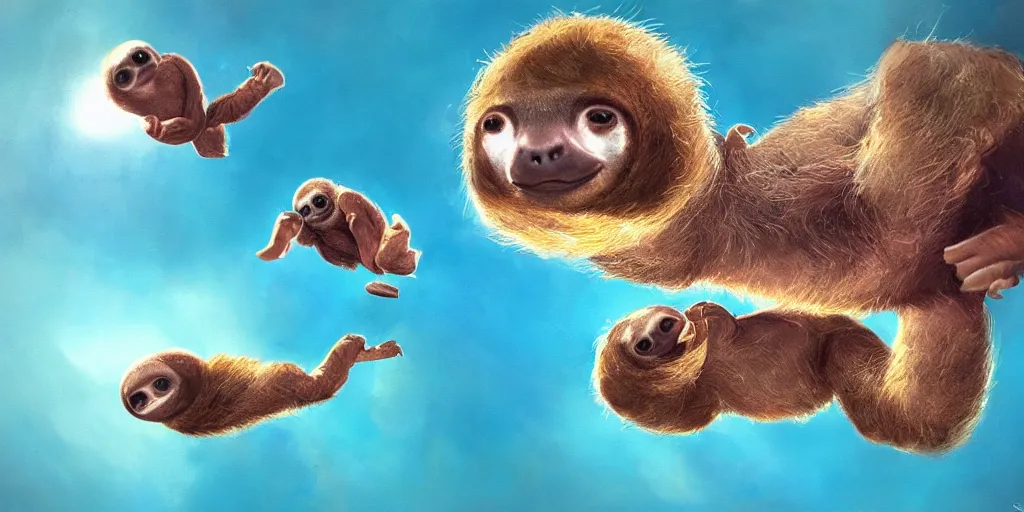 Image similar to Floating cute Baby sloths over a blue sea, Darek Zabrocki, Karlkka, Jayison Devadas, Phuoc Quan, trending on Artstation, 8K, ultra wide angle, pincushion lens effect