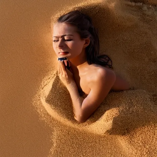 Prompt: A beautiful woman made of sand, blowing away in the wind, high definition photography, professional