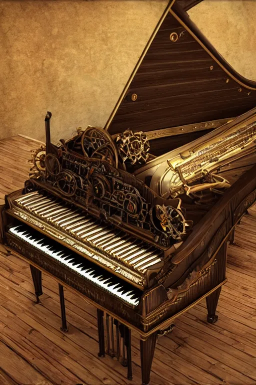 Image similar to Tonemapped Steampunk harpsichord, Artstation, Unreal Engine, photorealistic