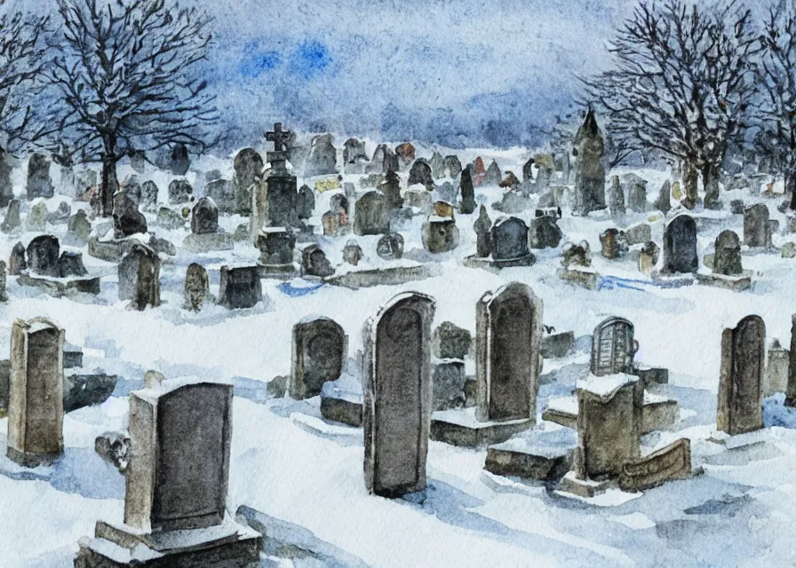 Image similar to graveyard with large monuments covered in snow, watercolor illustration