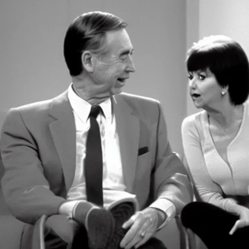 Prompt: Elvira sitting next to Mr. Rogers 8k hdr