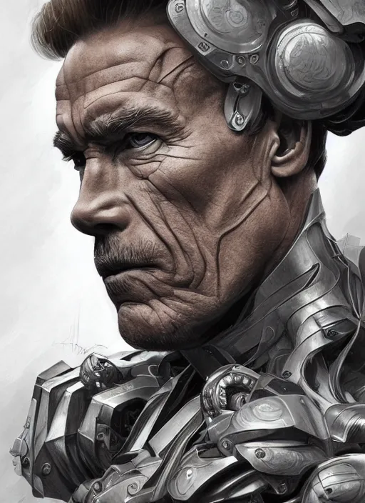 Image similar to symmetry!! arnold schwarzenegger, machine parts embedded into face, intricate, elegant, highly detailed, digital painting, artstation, concept art, smooth, sharp focus, illustration, art by artgerm and greg rutkowski and alphonse mucha, 8 k