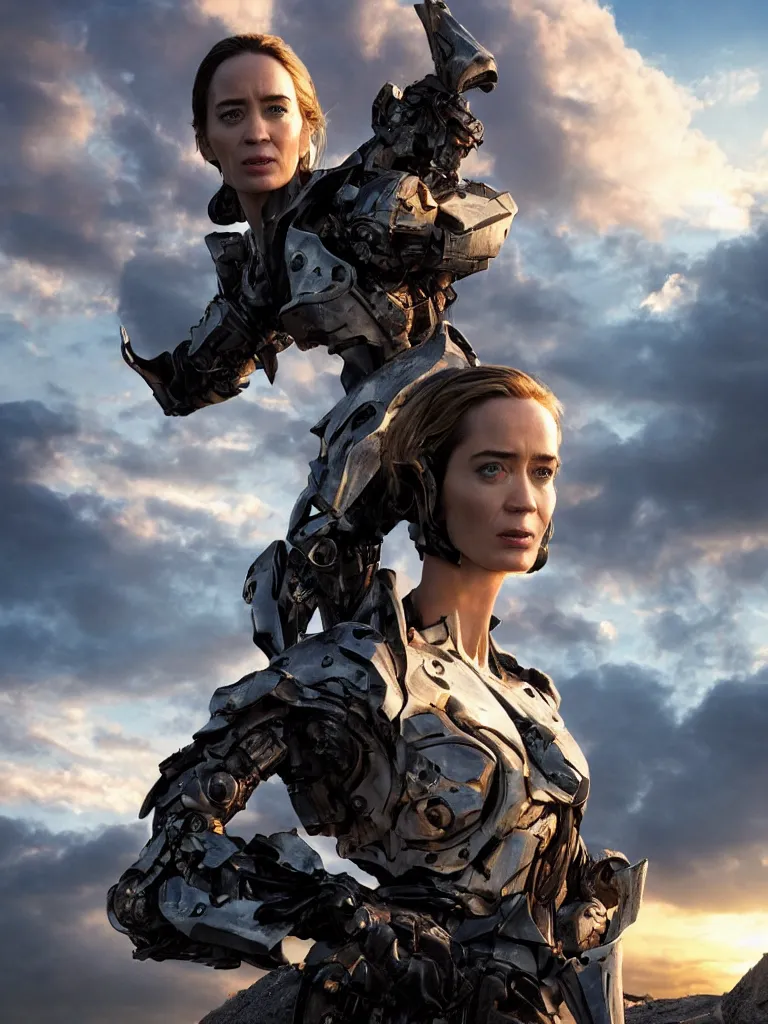 Image similar to emily blunt in futuristic power armor, close up portrait, solitary figure standing atop a pile of rubble, holding a sword on her shoulder, sunset and big clouds behind her