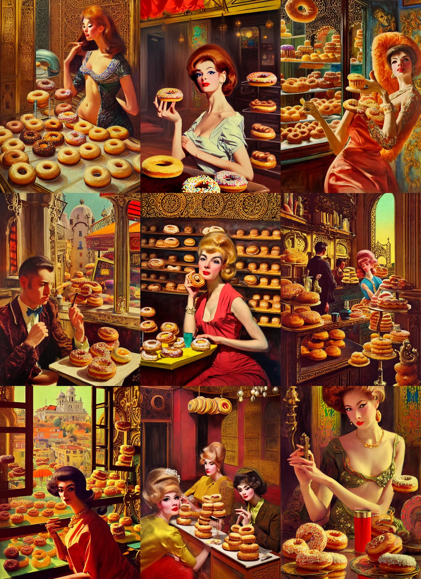 Prompt: 1960s Neo Rococo Expressionist, 1960s orientalism, diffuse lighting, fantasy, intricate, elegant, highly detailed, lifelike, photorealistic, digital painting, artstation, illustration, concept art, smooth, sharp focus, The City of Lisbon in a doughnut shop, art by John Collier and Albert Aublet and Krenz Cushart and Artem Demura and Alphonse Mucha