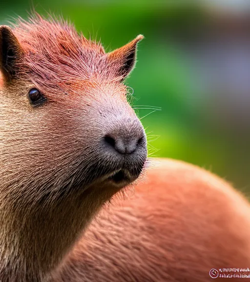 Image similar to award winning 5 5 mm close up portrait color photo of a capybara with pink slime oozing out of its nose, in a park by luis royo. soft light. sony a 7 r iv