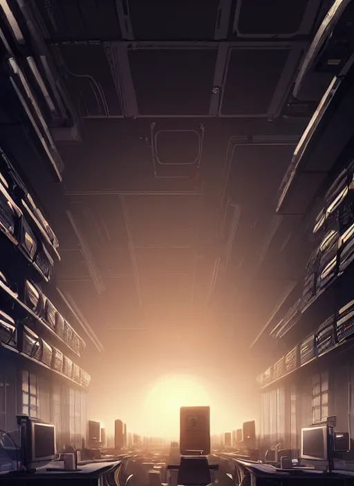 Image similar to computers, wired in, in a highly detailed server room with computers everywhere, cinematic view, epic sky, detailed, concept art, low angle, high detail, warm lighting, volumetric, godrays, vivid, beautiful, trending on artstation, by jordan grimmer, huge scene, art greg rutkowski