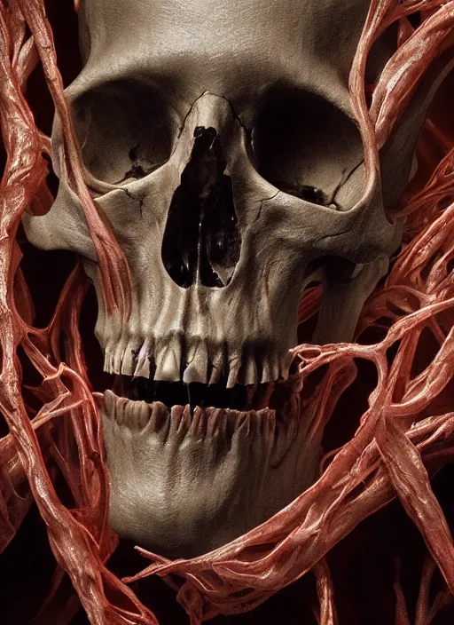 Image similar to skull with translucent skin, visible muscles and veins and arteries and bones and spines and nerves, beautiful detailed intricate insanely detailed octane render, 8k artistic photography, photorealistic, chiaroscuro, by David Cronenberg, Raphael, Caravaggio