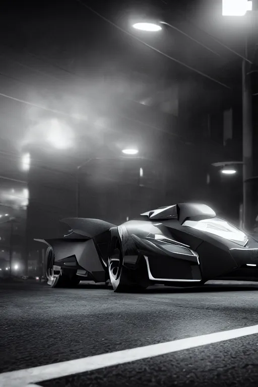 Image similar to the batmobile driving through gotham city at night. fluorescent light. pov from behind the wheel. octane render. 8 k. monochrome. black and white. mist. atmospheric. cinematic. hdr, raytracing, global illumination. a matte painting by ash thorp.