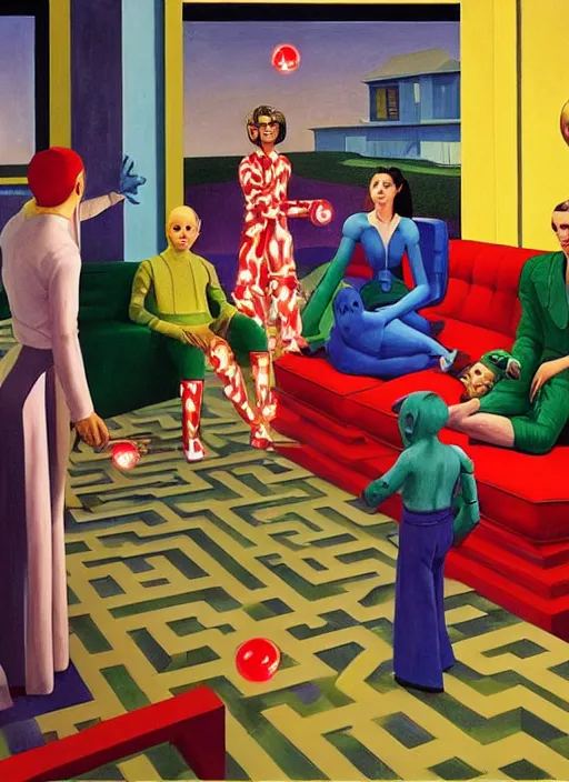 Image similar to painting of a gucci costumed family being shown how to open magic portals by a large glowing alien in their suburban living room maze, designed by gucci and wes anderson, energetic glowing orbs in the air, in the style of edward hopper, james jean, and mc. escher