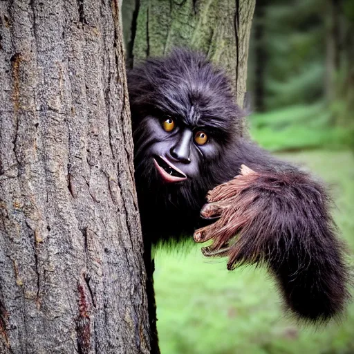 Prompt: award winning, hyper realistic, photograph, sasquatch infant peering out timidly from behind a tree with large cute eyes and it's hand wrapped around the tree trunk, portrait, 8 k, twilight, fog, moonlit