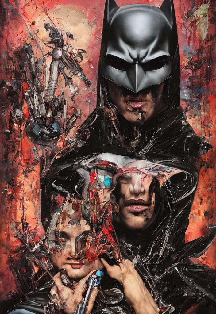 Prompt: portrait of Batman, saint roch oil painting Sandro Boticelli ,8k,by tristan eaton,Stanley Artgermm,Tom Bagshaw,Greg Rutkowski,Carne Griffiths, Ayami Kojima, Beksinski, Giger,trending on DeviantArt,face enhance,hyper detailed,minimalist,cybernetic, android, blade runner,full of colour