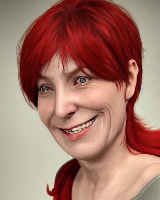 Image similar to portrait of happy short and plump 5 0 - year - old woman with red hair and, kind face, short hair, wearing in blouse, hyper realistic face, beautiful eyes, character art, art by mark brooks, hyperdetailed, cryengine, trending on artstation, digital art