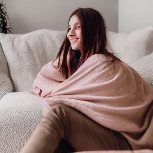 Image similar to photograph of a cute thin young woman, red blush, wearing casual clothes, small smile, relaxing on a couch, cuddling up under a blanket cozy living room, medium shot, 8 k, trending on instagram, photorealistic, trending on pinterest, portra 4 0 0