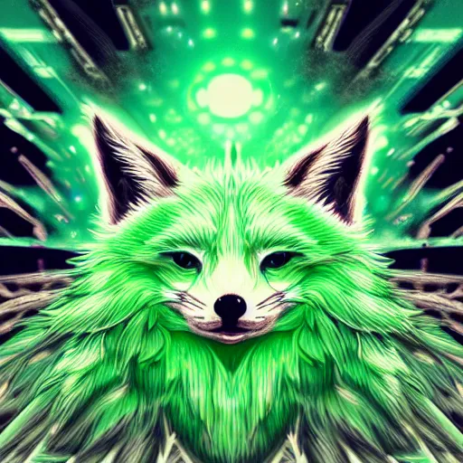 Prompt: digital abundantly green fox, retrowave palette, digital world, highly detailed, electric breeze, anatomically correct green and white vulpine, synth feel, fluffy face, ear floof, flowing fur, super realism, accurate animal imagery, 4 k digital art