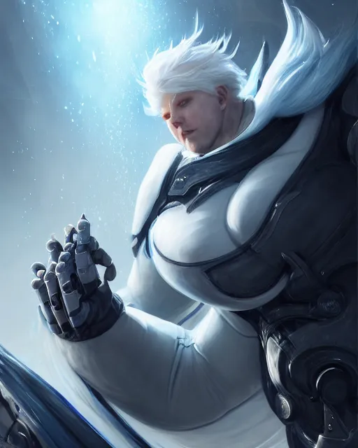 Image similar to obese white haired man, warframe armor, beautiful, pretty face, blue eyes, detailed, windy weather, scifi, platform, laboratory, experiment, 4 k, ultra realistic, epic lighting, high detail, masterpiece, by akihito tsukushi, charlie bowater, ross tran