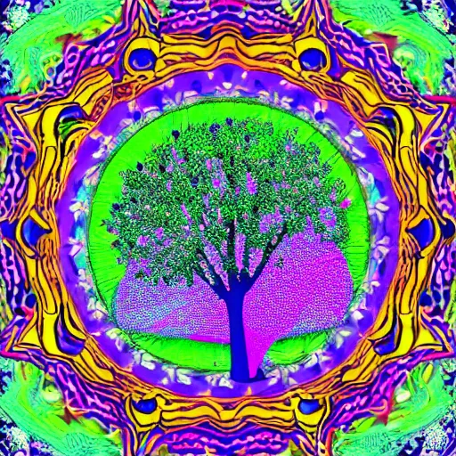 Prompt: single tree going out of a lotus flower psychedelic style intricate