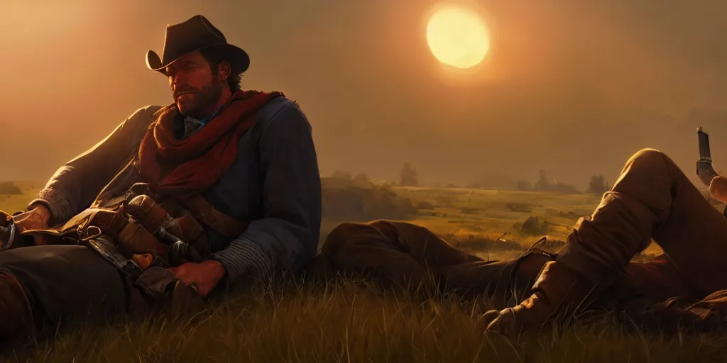 Prompt: Arthur Morgan lays on the ground dying of tuberculosis and watches the rising sun, cgsociety, artstation, cinematic