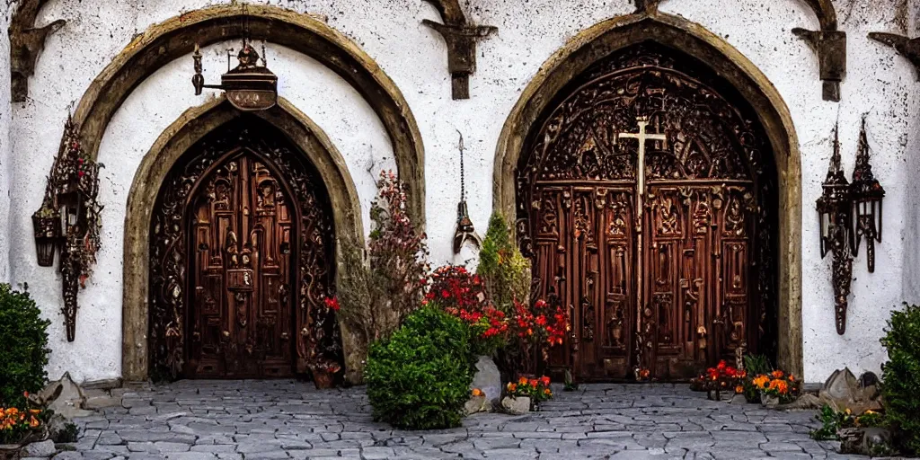 Prompt: magical entrance to monastery, metal, ornaments, castle, church, horror