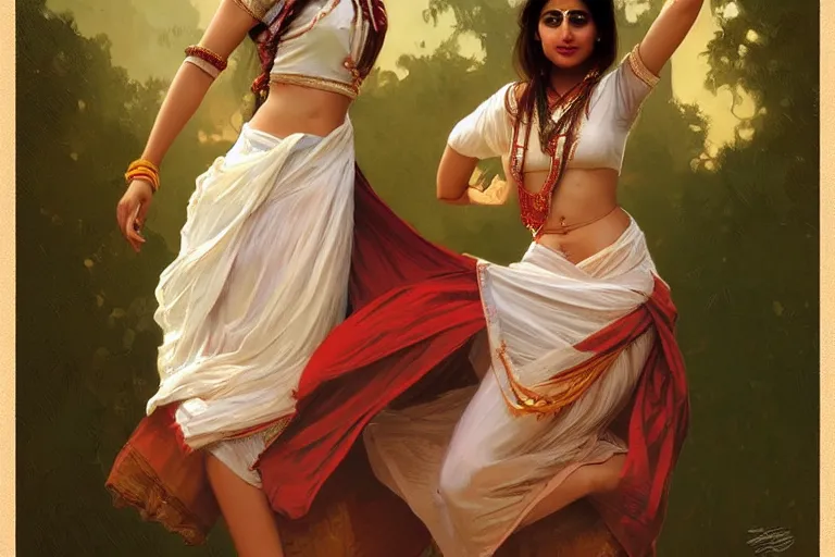 Prompt: Beautiful pale young Indian doctor wearing a skirt dancing in Texas, portrait, elegant, intricate, digital painting, artstation, concept art, smooth, sharp focus, illustration, art by artgerm and greg rutkowski and alphonse mucha
