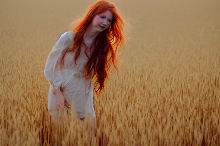 Image similar to sensual redhead girl running through the wheat field, soft light, 35mm film