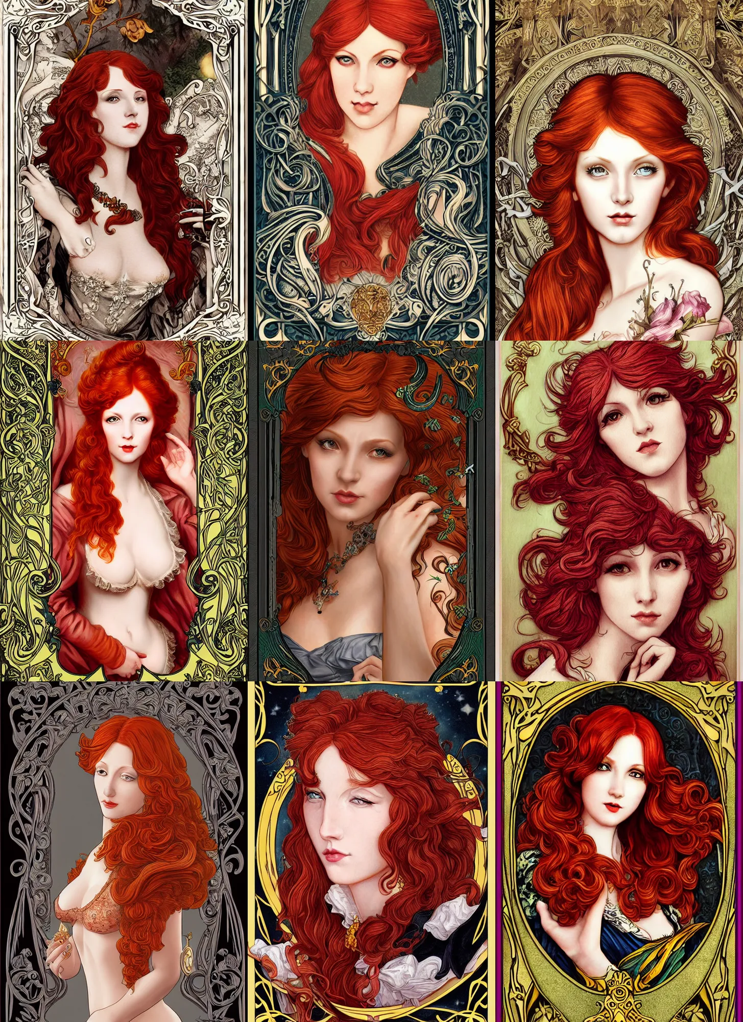 Prompt: redhead woman, rococo and art nouveau, tarot card, highly detailed, deep focus, elegant, smooth, sharp focus, 8 k, artgerm, janis rozentals