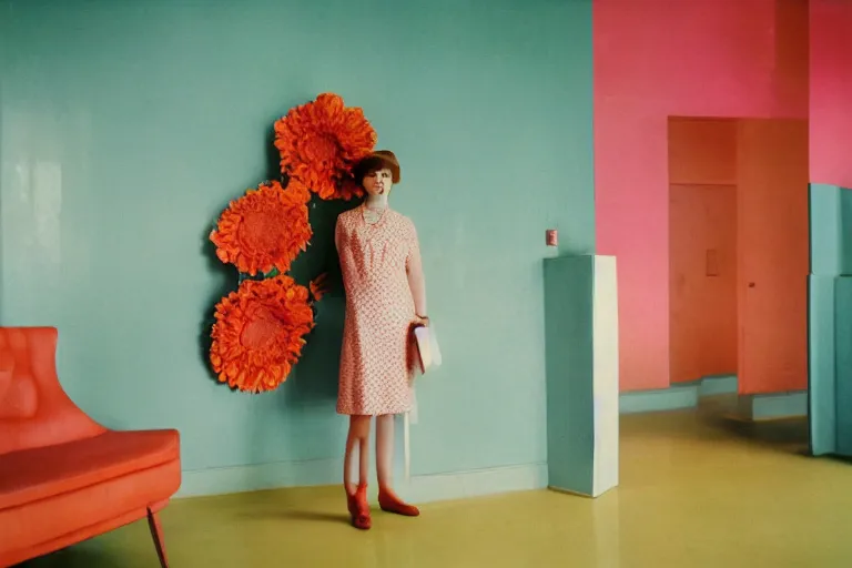 Image similar to giant flower head, girl standing in 1 9 6 0 s hotel, surreal photography, symmetry, mid century, liminal space, bright colours, wes anderson