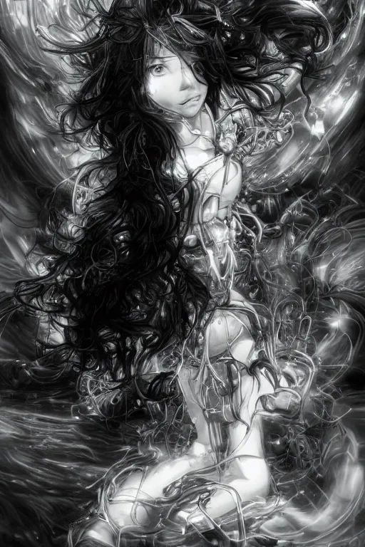 Image similar to a vertical portrait of a character in a scenic environment by Yoshitaka Amano, black and white, dreamy, cybernetic suit, wavy long black hair, highly detailed