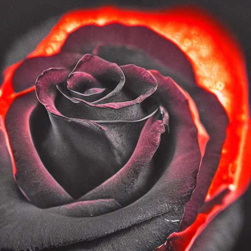 Image similar to award - winning macro of a beautiful black rose made of glowing molten magma