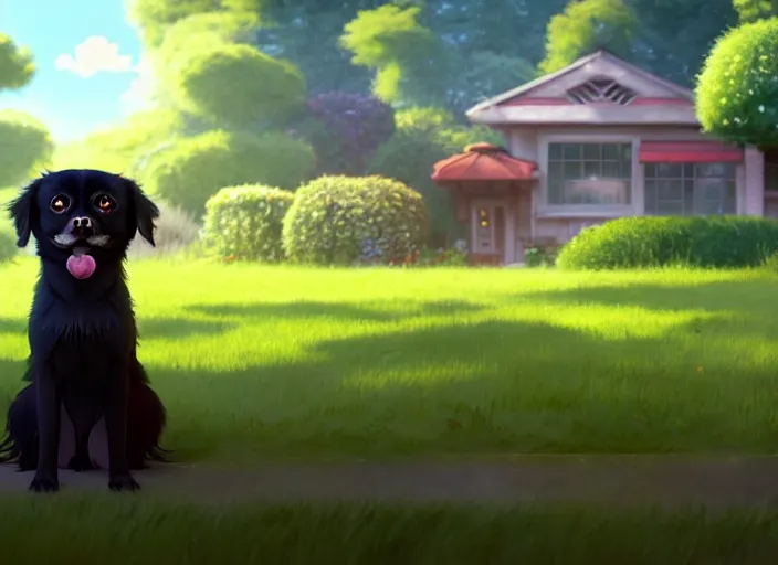 Prompt: a wholesome animation key shot of a black tibetan spaniel, suburban yard in the background, open window in the foreground, studio ghibli, pixar and disney animation, sharp, rendered in unreal engine 5, anime key art by greg rutkowski, bloom, dramatic lighting