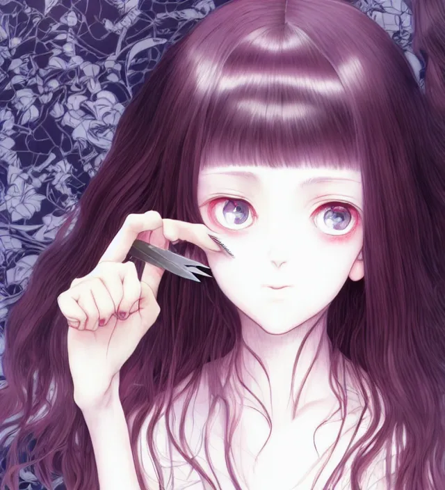 Image similar to portrait of a morbid 18 year old young woman wearing a dress of the soft aesthetic with wavy long hair, in a butcher shop, queen of sharp razorblades holds a single small sharp blade or a razor her hand and shows it to the user, in the style of Range Murata and by Katsuhiro Otomo and Yoshitaka Amano.