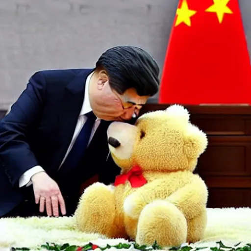 Prompt: a still of xi jinping kissing a teddy bear
