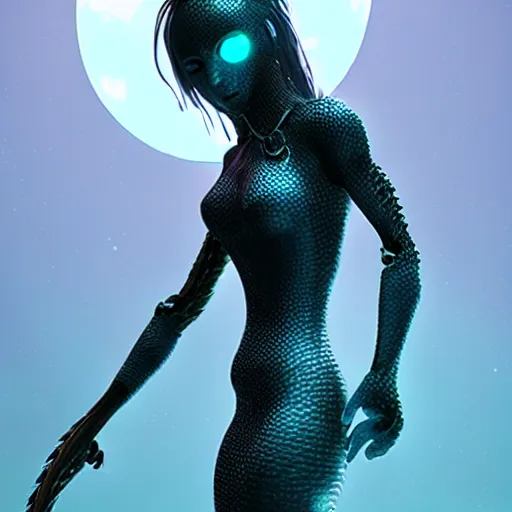 Image similar to mermaid cyborg with a laser whip, realistic, detailed, in the style of beeple, uncropped,