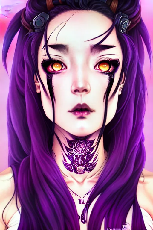 Image similar to a portrait of dilraba dilmurat as revy from black lagoon, smirk, black tank top, jean shorts, brown eyes, purple hair, tribal tattoos right arm sleeve, symmetrical eyes, symmetrical face, art by lois van baarle and loish and ross tran and rossdraws and sam yang and artgerm