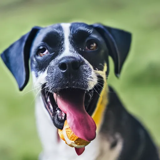 Prompt: closeup photo of cute pariah - dog eating bagles from mesh bag, shallow depth of field, cinematic, 8 0 mm, f 1. 8