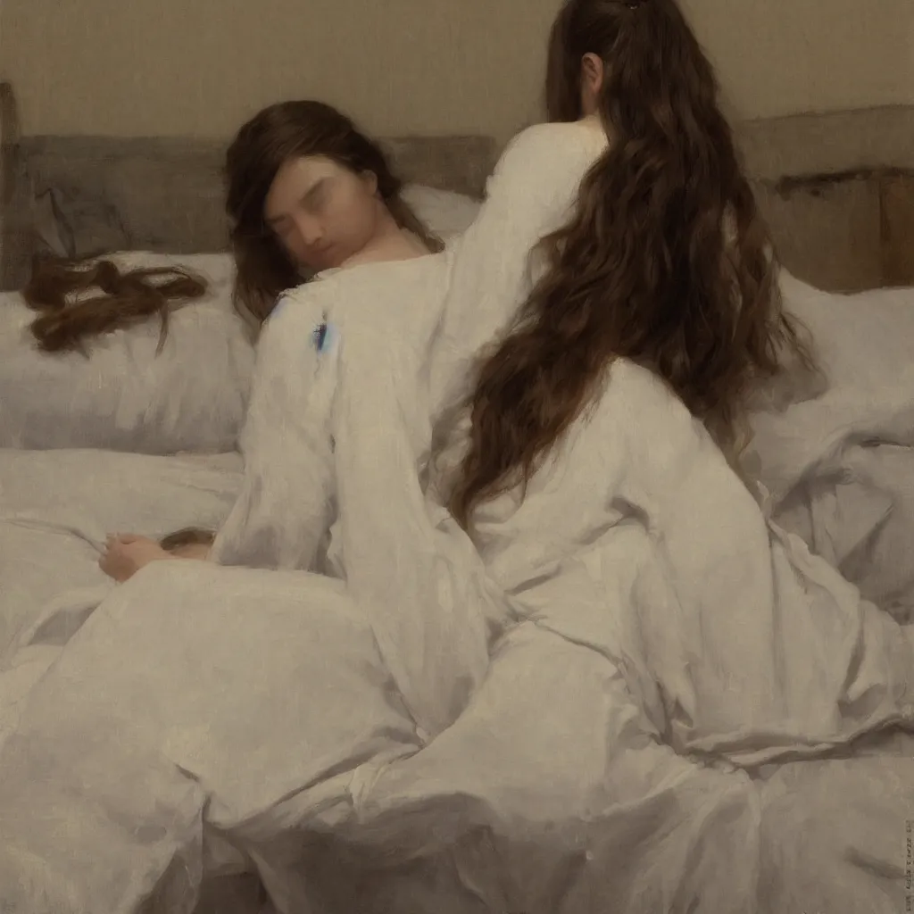 Image similar to girl with long wavy hair, in kimono, backview, sitting on edge of bed, by jeremy lipking, serge marshennikov, joseph todorovitch