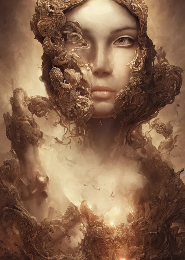 Prompt: woman portrait, face, foreground, volumetric, wearing a carved half mask with mineral incrustations, godness, ethereal, evil, elements, baroque, rococo, ink, tarot card enviromet, cinematics lights, detailed, intricate illustration, octane render, fractal, fine art by marc simonetti & peter mohrbacher
