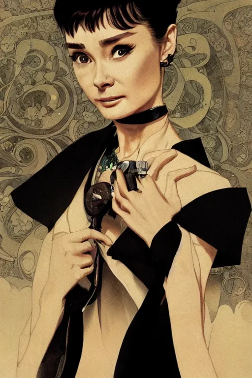 Image similar to audrey hepburn in a scene from yakuza, artstation, concept art, smooth, sharp focus, illustration, art by and greg rutkowski and alphonse mucha